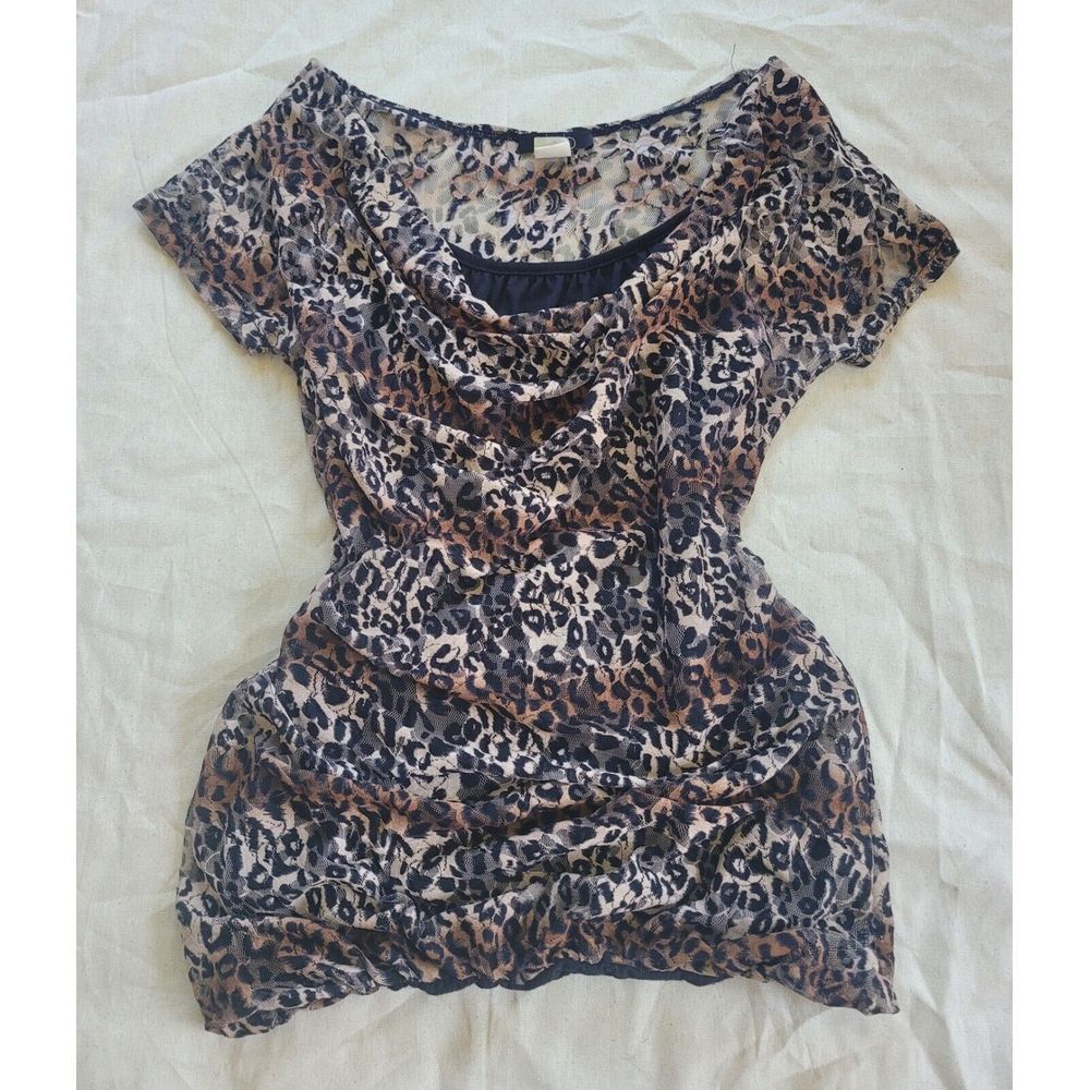 Vintage Y2K 90s Deb Cheetah Leopard‎ Print Cowl Neck Top Mesh Scrunch S/M